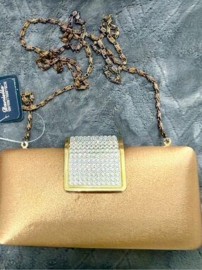 NEW!Daniella Gold Satin Evening Clutch with sparkling genuine crystal clasp.